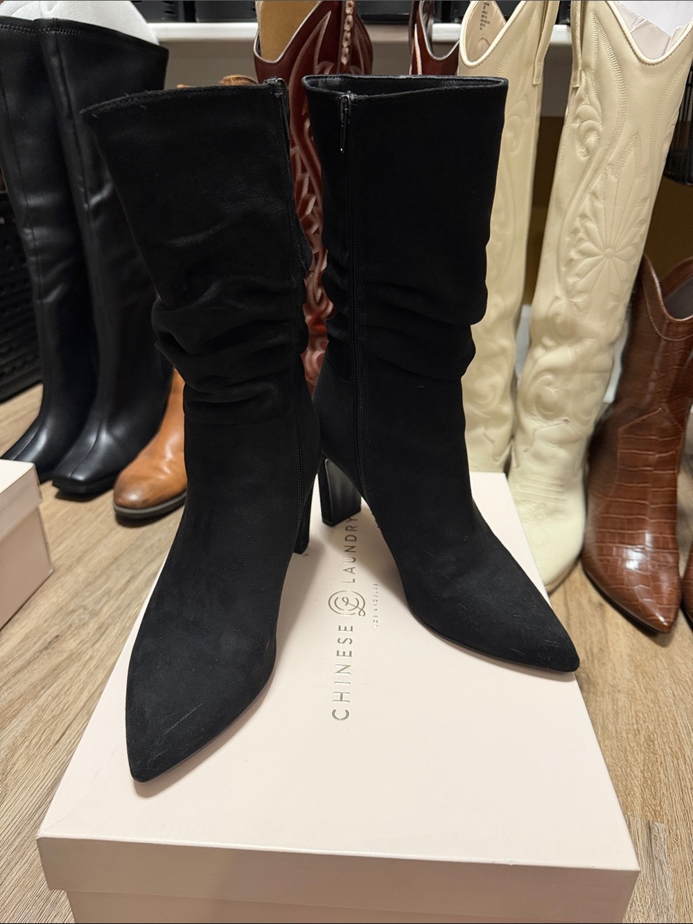 Chinese Laundry Black Suede Pointed Toe Mid-Calf Heeled Boots